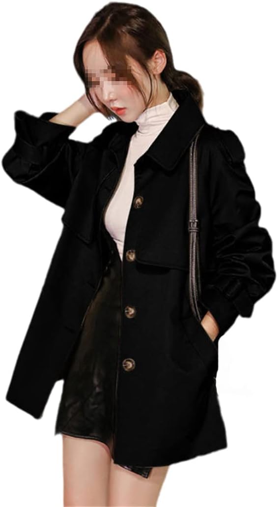 YTR6TW Women Turn-Down Collar Mid-Length Trench Coat Single Breasting Frenulum Waist Retraction Short Stature Jacket