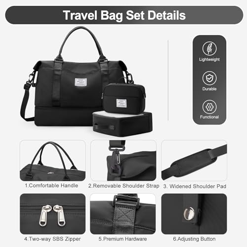 Travel Duffle Bag for Women, Weekender Overnight Bag with Shoe Compartment, Carry on Personal Item Travel Bag,3 Pcs Set,Black