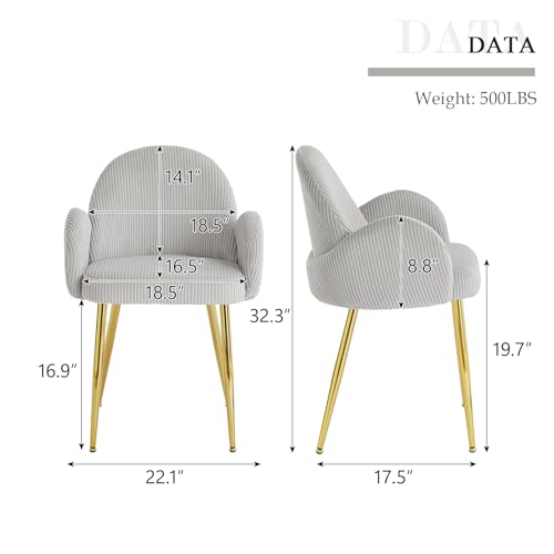 Image of Eifizek Home Office Chair Set of 2, Modern Corduroy Upholstered Vanity Desk Chair with Gold Legs for Girls Women, Ergonomic Padded Backrest for Living Room, Grey