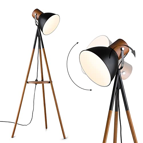 ELYONA Dimmable Tripod Floor Lamp with Table, Wood Standing Lamp
