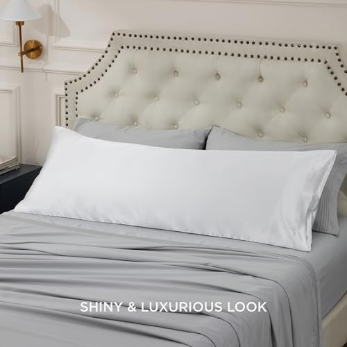 Image of Bedsure Satin Body Pillow Pillowcase - Similar to Silk White Body Pillow Cover Case with Envelope Closure,Cooling and Silky Long Pillowcase for Hair and Skin,20x54 Inches