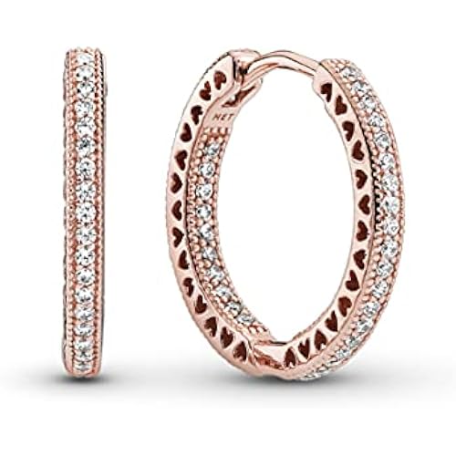 PANDORA Sparkle and Hearts Hoop Earrings - Timeless, Classic Jewelry - Gift for Her - 14k Rose Gold & Cubic Zirconia - 2.5 mm