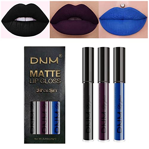 Go Ho Matte Lipstick For Women Lip Gloss Set, 3 Colors Blue&Black&Purple Liquid Lip Glaze Waterproof Long Lasting Stay Glossy Lipgloss Matte Lip Glaze Nude Lip Tint Stain Makeup #07 #TOP30