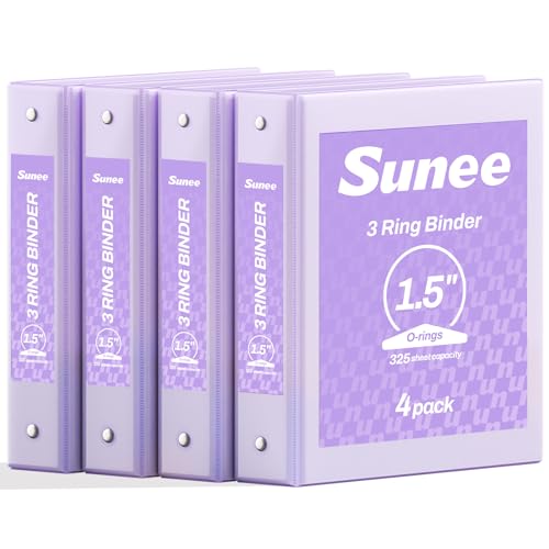 SUNEE 1.5 Inch Binders 3 Ring 4 Pack, Clear View 1 1/2 Inch Binders Three Ring PVC-Free (Fit 8.5x11 Inches) for School or Office Supplies, Purple