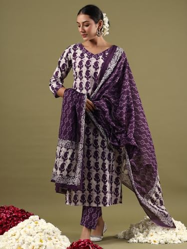 Image of INDO ERA Women's Pure Cotton Printed Straight Kurta & Pant with Dupatta Set