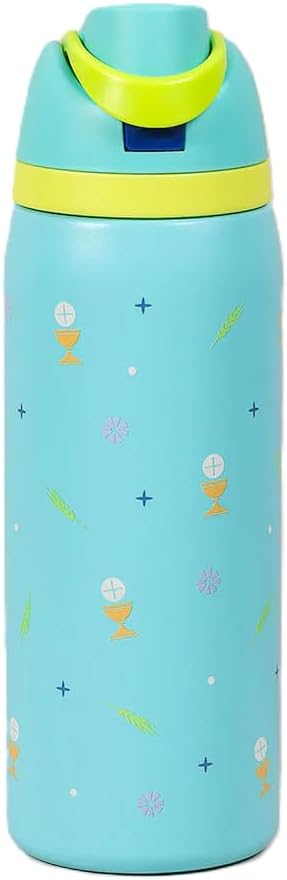 Personalized First Communion Water Bottle with Name Engraved, 32 oz - Catholic Gift for Boys & Girls - Stainless Steel Bottle with Chalice Host Wheat Design