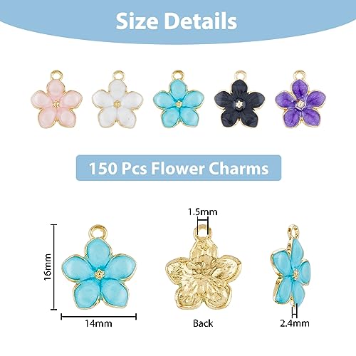 DICOSMETIC 150Pcs 5 Colors Enamel Flower Pendants Cherry Blossom Pendants Floral Theme Charms Gold Plated Flower Charms Blossom Dangle Charm Alloy Pendants for Jewelry Making - Image 2