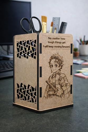 Image of Tanjiro Kamado Wooden Pen Stand | Anime Pencil Holder for Study Table | Demon Slayer Desk Accessories