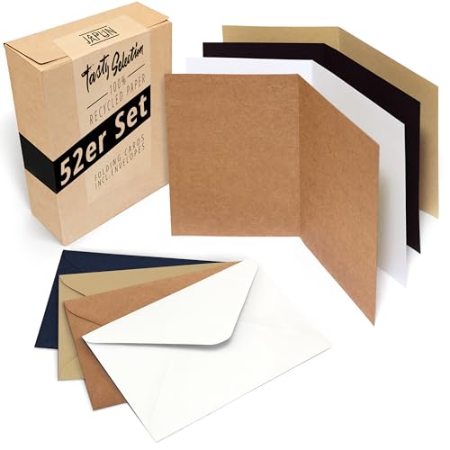 Japun - Conjunto de 52 cartões dobráveis que incluem envelopes, cartas dobráveis para desenhar, etiquetar ou imprimir - DIN A6 / C6 - mistura de papel kraft
