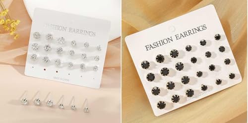 Image of 24Pairs Shiny Zircon Stud Earrings Set for Women Men Daily Use Black & White Color Crystal Ear Studs Small Rhinestone Ear-Rings Gemstone Earring Tops Office Wear