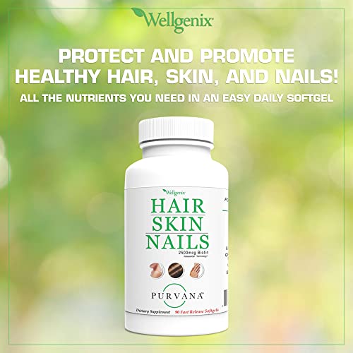 Wellgenix Purvana Hair, Skin, And Nails Vitamin Softgels For High Absorption - Double Strength 2500Mcg Biotin, Vit A & B, Folic Acid, Grape Seed Extract - Herbal Supplement (90 Count) #TOP3