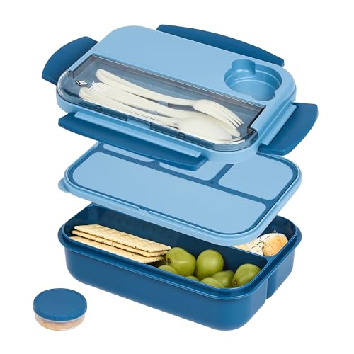Restaurantware Bento Box 10 Count 44 Ounce Plastic Lunch Box With Cutlery, Leakproof Microwave-Safe Meal Prep Container Reusable Versatile Blue for Travel