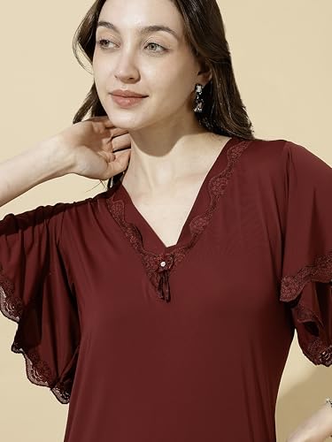 Image of 9shines Label Stylish Soft Modal Maxi Nighty | Honeymoon Nighty | Full Length Trendy Nightgown | V-Neck Lace | Premium Nightdress | Soft Long Nightdress | Maxi Gown Nightwear for Women (Malai Satin)