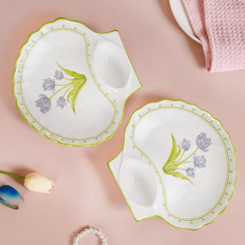Image of Nestasia Ceramic Snack Plates Set of 2 - Serving Plate with Dip Section for Chutney or Sauce | Microwave & Dishwasher Safe Shell Shaped Design with Floral Print - Perfect for Fries, Momos, Kebab