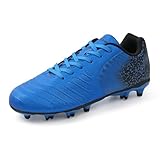 FEETHING Women Soccer Cleats Firm Ground Lace-Up Youth Soccer Shoes Light-Weight Outdoor Training Football Sneakers Big Kid,Blue,8.5