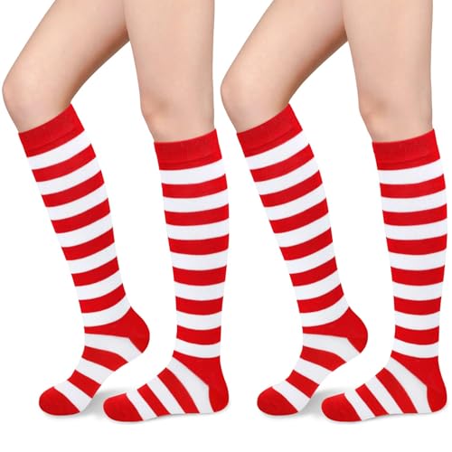 Sarfel Red and White Striped Socks Women Red Christmas Socks for Women Knee High Stockings Santa Costume Womens Elf Costume