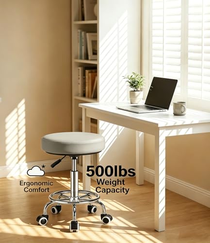 Image of 500lbs Heavy‑Duty Adjustable Rolling Stool with Wheels & Footrest Ring,Grey