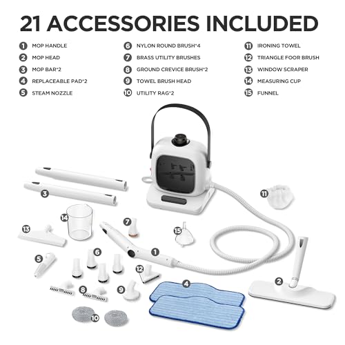 Steam Cleaner with 21 Accessories,1500W Heavy Duty Steam Cleaner,Pressurized Handheld Steamer for Cleaning for Floors,Cars,Furniture,Tiles, Kitchen,Grout and More,Move Free–Backcarry or Drag