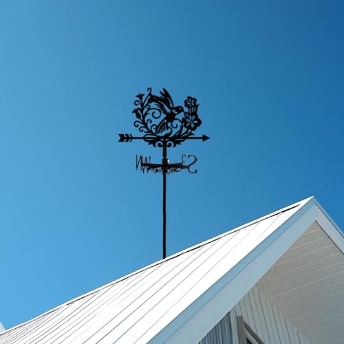 BEUNITONE Bird Weathervane 26” Height Black Metal Hummingbird with Flower Weather Vane Roof Garden Direction Sign Windmill Wind Cups & Brackets for Outdoor Farmhouse Decoration Garden Yard Home Decor
