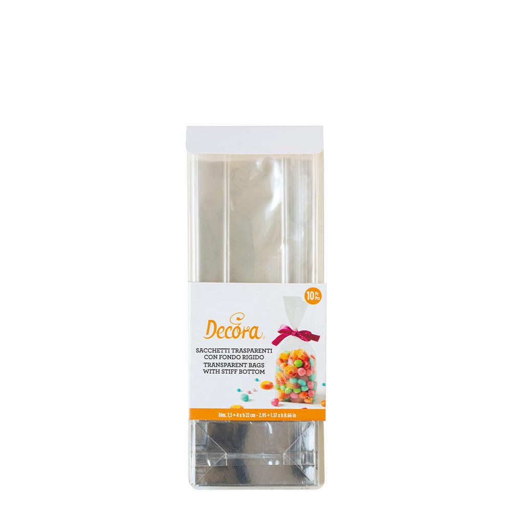 Decora 0855040 Pack of 10 Transparent Plastic Food Bags with Rigid Cardboard Bottom 75 + 40 x 220 H mm for Packaging Sweets, Cookies and Bon Bon Bon