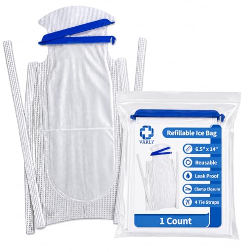 Vakly Refillable Ice Bags 6.5 x 14 in Large Reusable Hospital Ice Packs with Clamp Closure Leak-Resistant Ice Pack for Cold Therapy & Injury Relief