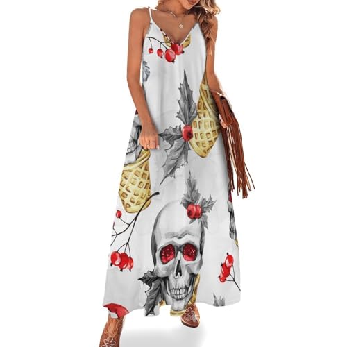 Robe longue femme ete sans manches avec motif crâne de Noël fluide et ultra respirante