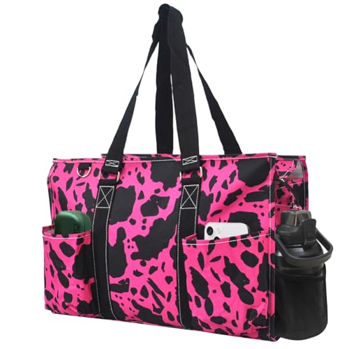 NGIL Work Tote Bag with Exterior Pockets (NGIL Zip-Hot Pink Cow- Hot Pink)