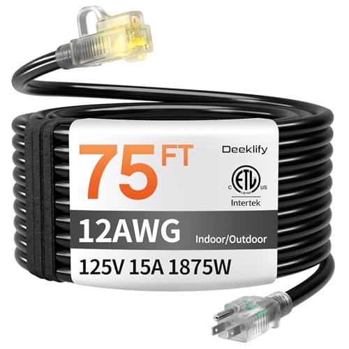12AWG 75 FT Heavy Duty Outdoor Extension Cord Waterproof with Lighted End Black 12 Gauge Extension Cord Flexible and Cold Resistant 3 Prong Grounded Plug 15Amp 1875W SJTW ETL Listed