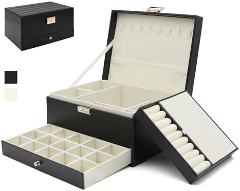 Jewelry Organizer, Travel Jewelry Box Organizers for Women Girls, Jewellery Display Holder 3 Layers Large PU Leather Jewellery Storage Case for Earring, Rings, Necklaces, Bracelets, Watch, Gift(Black)
