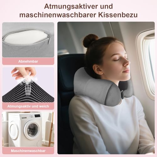 Nexellent Nackenkissen Flugzeug, Reisekissen, Hochwertiges Memory Foam Nackenkissen für Flugzeug und Auto – Vollständiges Set mit Schlafmaske, Ohrstöpseln und Tragetasche. (Grau)