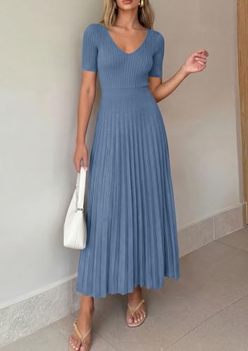 Image of PRETTYGARDEN Women's 2026 Spring Midi Sweater Dresses Elegant Pleated Ribbed Knit Short Sleeve V Neck A Line Summer Outfits