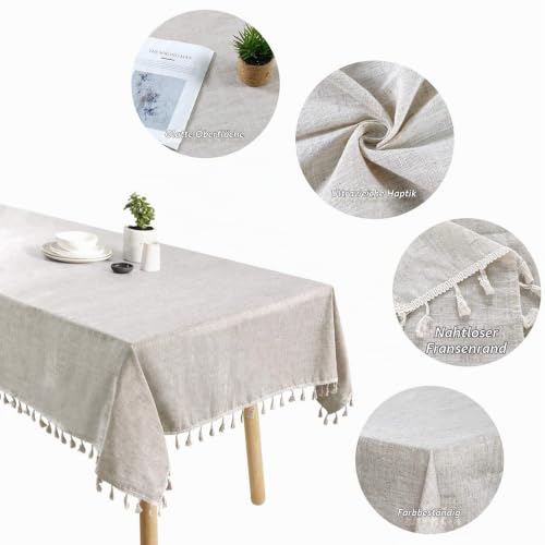 Demisland Beige Tischdecke Rechteckig Leinen Abwaschbar Tischtuch 140x220cm – Ansicht 5
