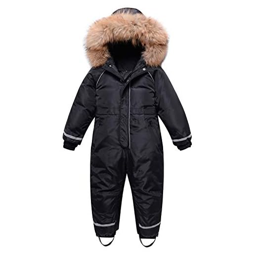 Minizone Pojkar, flickor, snödräkt, ett stycke, snöoverall med huva, vattentät, justerbar skiddräkt, långärmad jumpsuits, vinterytterkläder för barn 4–8 år, svart, 7-8 År