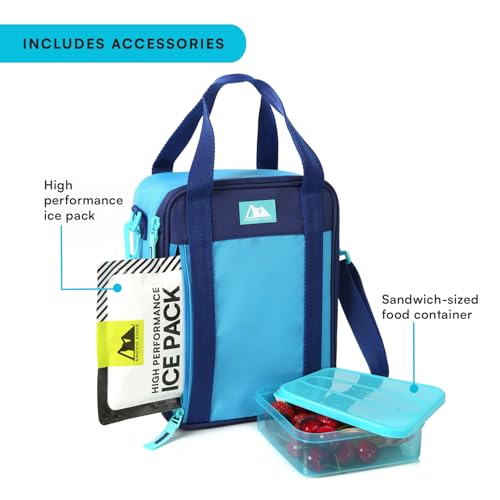 Image of Arctic Zone Urban Kids Lunch Box Combo with Ice Pack and Strap, True Blue | Kids lunch box with reusable gel ice pack and sandwich container, 2 compartment insulated cooler for school or travel lunch