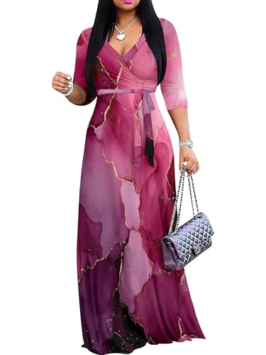 Image of Plus Size Dresses for Women Print Maxi Dresses 3 /4 Sleeve with Belt
