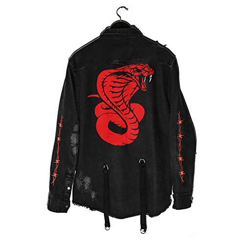Darkrai Men's Black Jacket Gothic Snake Denim Shirt Punk Heavy Metal Sweatshirt Hole Streetwear Harajuku Embroidery