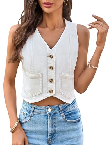 Yousify Women's Summer Tops Denim Vest Sleeveless V Neck Button Down Jean Y2k Crop Jacket With Pocket