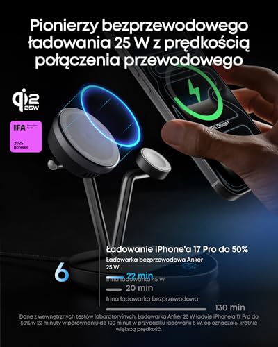 Anker Prime Ładowarka 3 w 1 zgodna z MagSafe, stacja ładowania bezprzewodowego z certyfikatem Qi2 25 W, z inteligentnym wyświetlaczem i aktywnym chłodzeniem TEC, do iPhone'a 17, Apple Watch, AirPods i