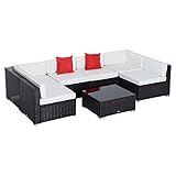 ✅DISEÑO: Diseño moderno, combina perfectamente con cualquier decoración. El ratán es de color marrón café y los cojines de color blanco crema. Para romper con los colores neutros de los muebles, incluye dos almohadas rojas.