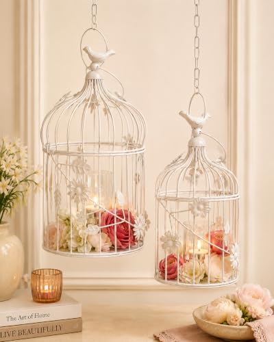 Image of Homesake Antique White Lantern Bird Cage Hanging Pendant Lights, Vintage Ceiling Chandelier Jhumar for Home, Living Room, Balcony, Indoor Outdoor Decor for Home, Pack of 2, Return Gifts for Pooja
