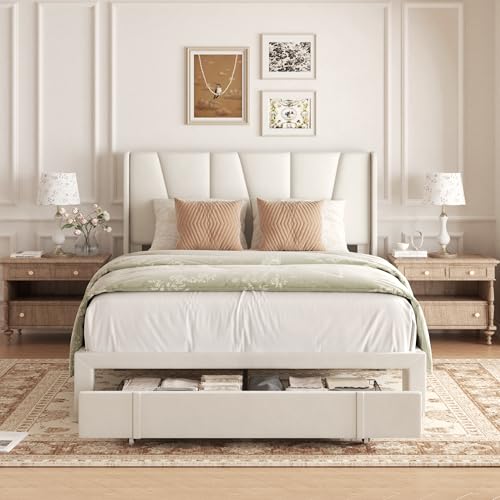 viplov Full Bed Frame with Storage Drawers, Velvet Upholstered Bed, Beige by viplov - Used condition - Image 3