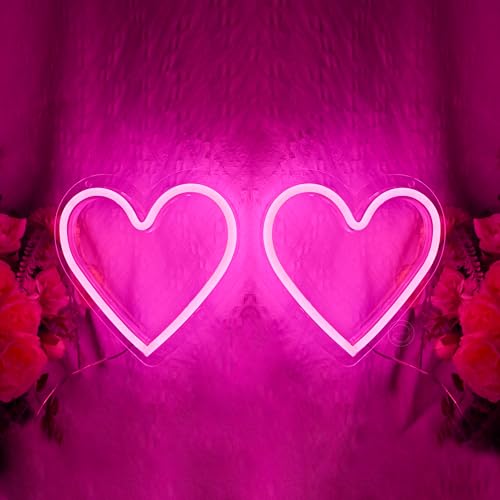 Image of Britrio Pink Heart Neon Sign Home Decor, 2 Pcs Neon Heart Light LED Wall Decoration Night Light for Girl Dorm Bedroom Wedding Birthday Party Decor Mothers Day Gift Battery Operated or USB Powered