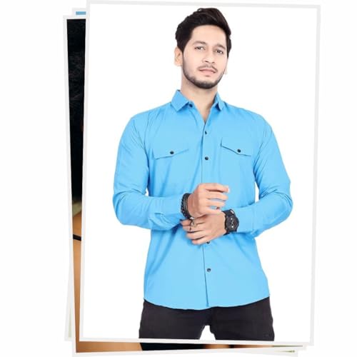 Image of Men's Cotton Spread Collar Full Sleeve Regular Fit Solid Casual Shirt with Double Pockets - Stylish Comfortable Shirt for Everyday Wear