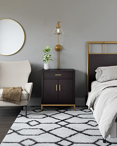 Image of Leick Home Julien Nightstand Side Table One Drawer and Lower Cabinet Modern - Fast Charging Station - Durable Solid Wood - Living Room, Bedroom, Office, Black with Gold Trim, 9079-BLKGD