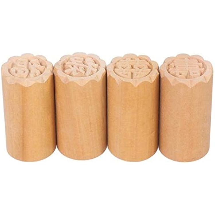 Fu Lu Shou Xi Pattern Wooden Stamp Cookie Press Cake Stamp Traditional Chinese Moon Cake Mold DIY Dessert Mold Maker for Mid-Autumn Festival Birthday Party Baby Shower,4 Pcs/Set