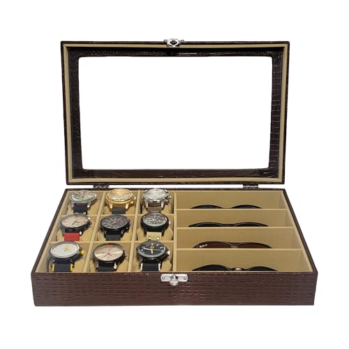 Estojo Caixa para 9 Relógios e 4 Óculos Marrom com Interno Bege Maleta Organizadora
