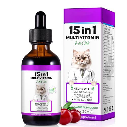 Cat Vitamins 15 in 1 Cat Multivitamin Liquid Drops Cats Vitamins and Supplements with Glucosamine and Probiotics Bones Joint Skin & Coat Bladder Immune System Support 60ML