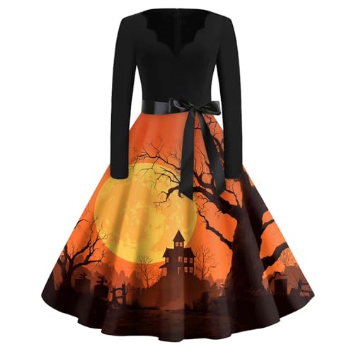 Halloween Costumes for Women 2025 1950s Vintage Pumpkin Printed Long Sleeve V Neck Evening Prom Dresses with Belt
