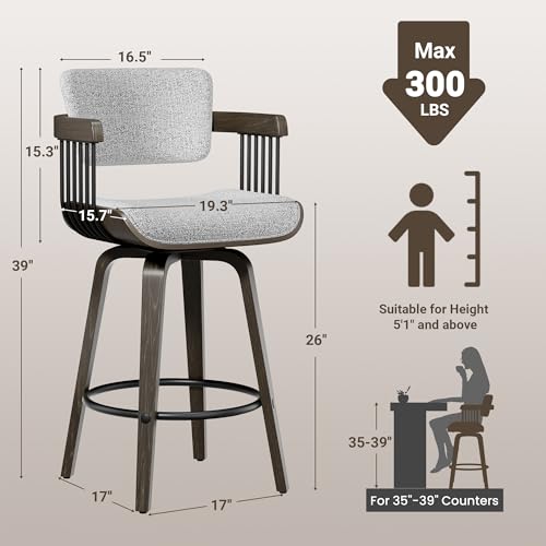Butacos YaFiti, Set de 2, Giratorios, Altura 26 pulgadas, Tapizados en Tela de Lino, Asiento Acolchado, Espalda Ergonómica, Apoyabrazos de Madera, Patas de Madera Curvada, Reposapiés, Estilo Mid-Century Modern miniatura 2