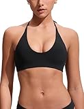 CRZ YOGA Womens Self Tie Halter Bikini Tops - Swim Bathing Suit Scoop Neck Backless Swimsuit Padded Black Small